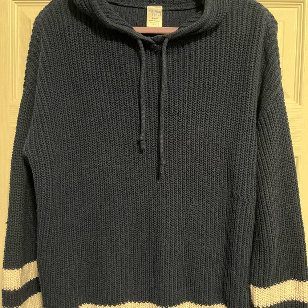 Time and Tru Navy Hooded Sweater with White Accents